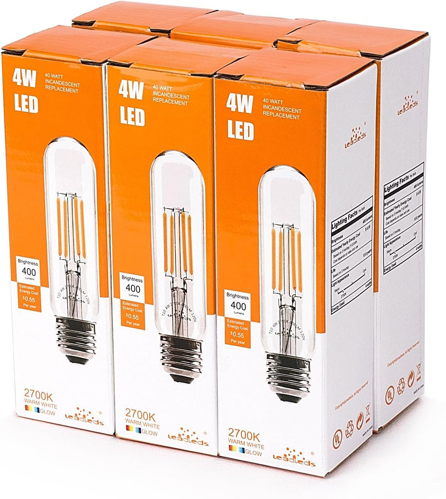 6 Pack Tubular Edison Bulb 40W Equivalent, E26 Base, 4W 2700K Non-Dimmable