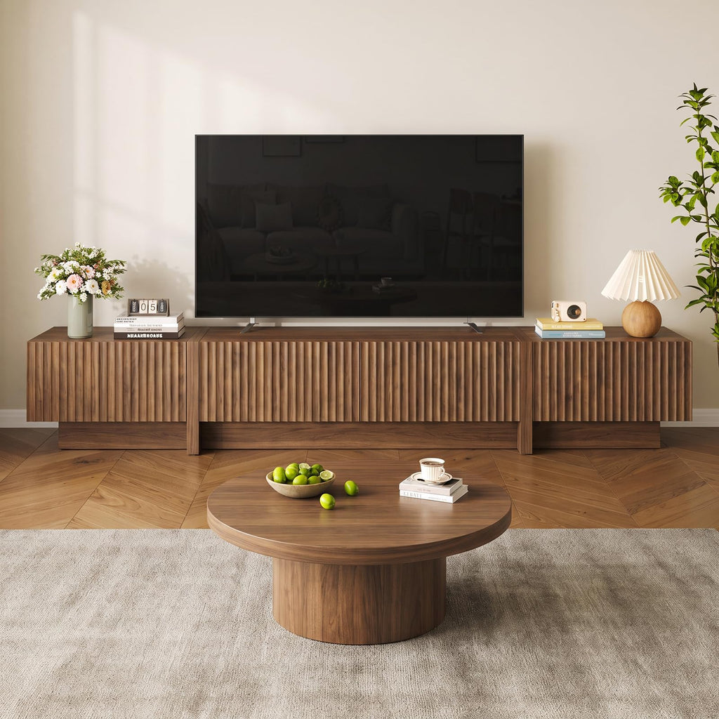 98" TV Stands, Fluted Entertainment Center, Walnut