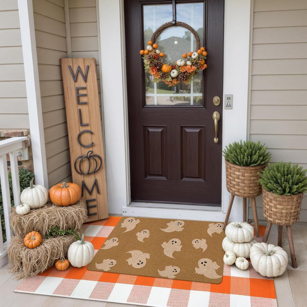 Halloween Door Mat Fall Decor Combo Set + Buffalo Plaid Checkered Rug Fall Washable Outdoor Rug 3'x5' Autumn Layered