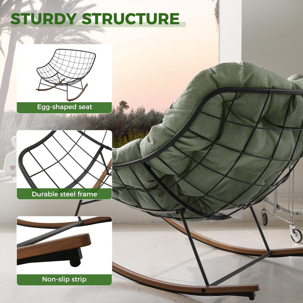Outdoor Papasan Rocking Chair with Thick Cushion, Sage Green