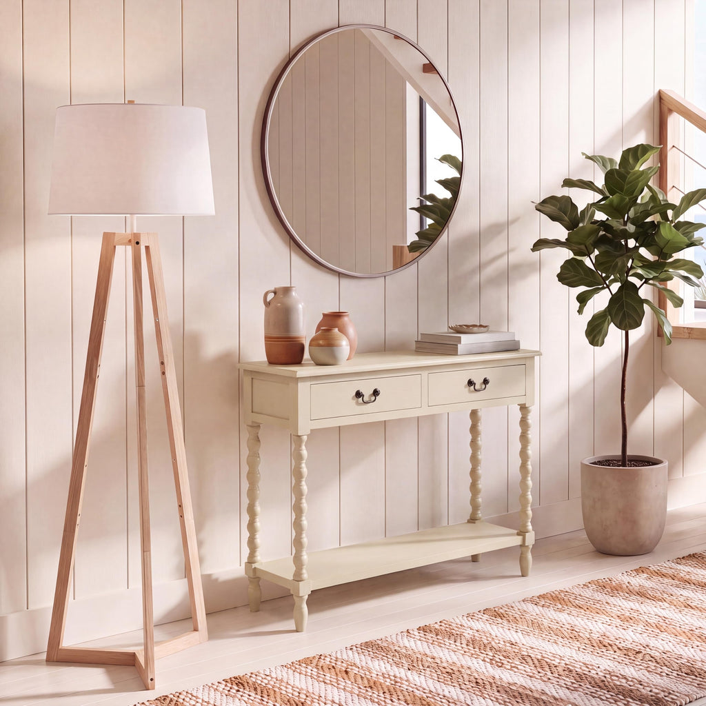 Athena 2-Drawer Console Table - Sand - Solid Wood - Farmhouse Classic Design - Ideal, 35.5" W x 13" D x
