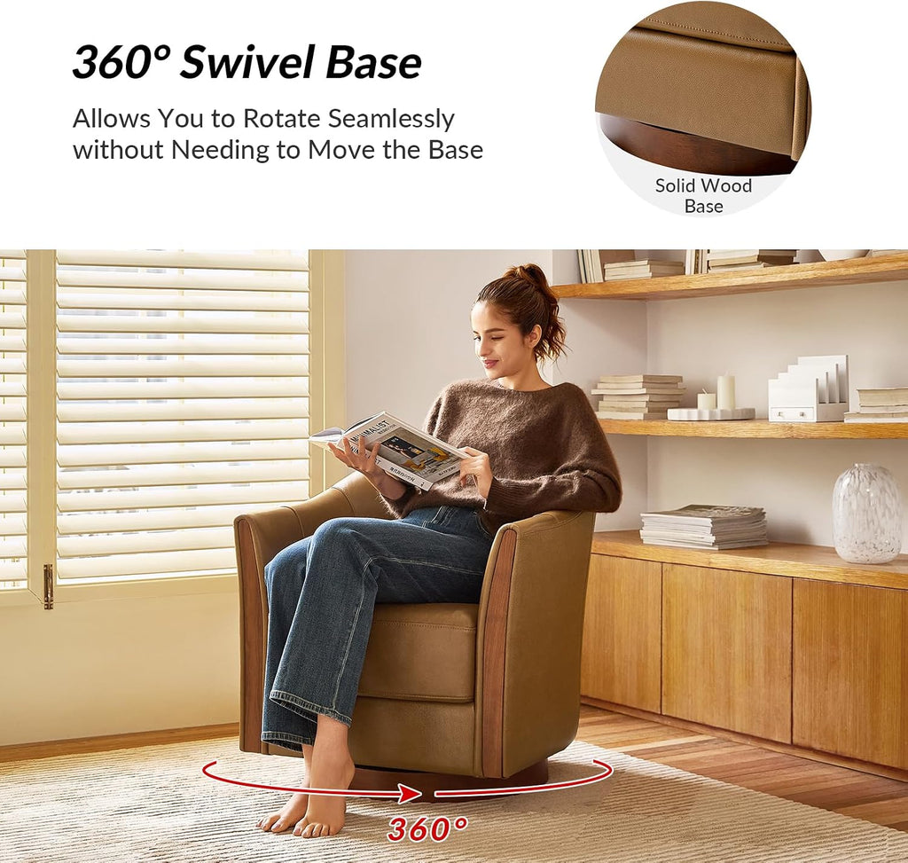 Genuine Leather Swivel Accent Chair with Wood Base, Camel