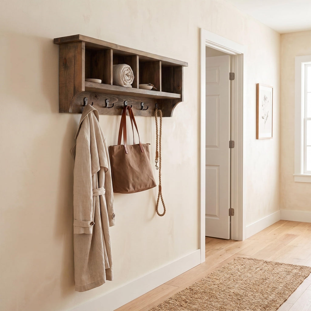 Pomona Solid Wood Entryway Coat Rack with Cubbies, Rustic Brown, 48"