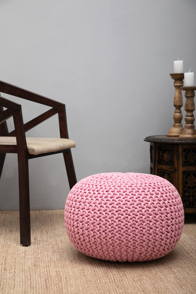 Round Pink Pouf - Hand Knitted Cotton Braid Cord Dori Ottoman