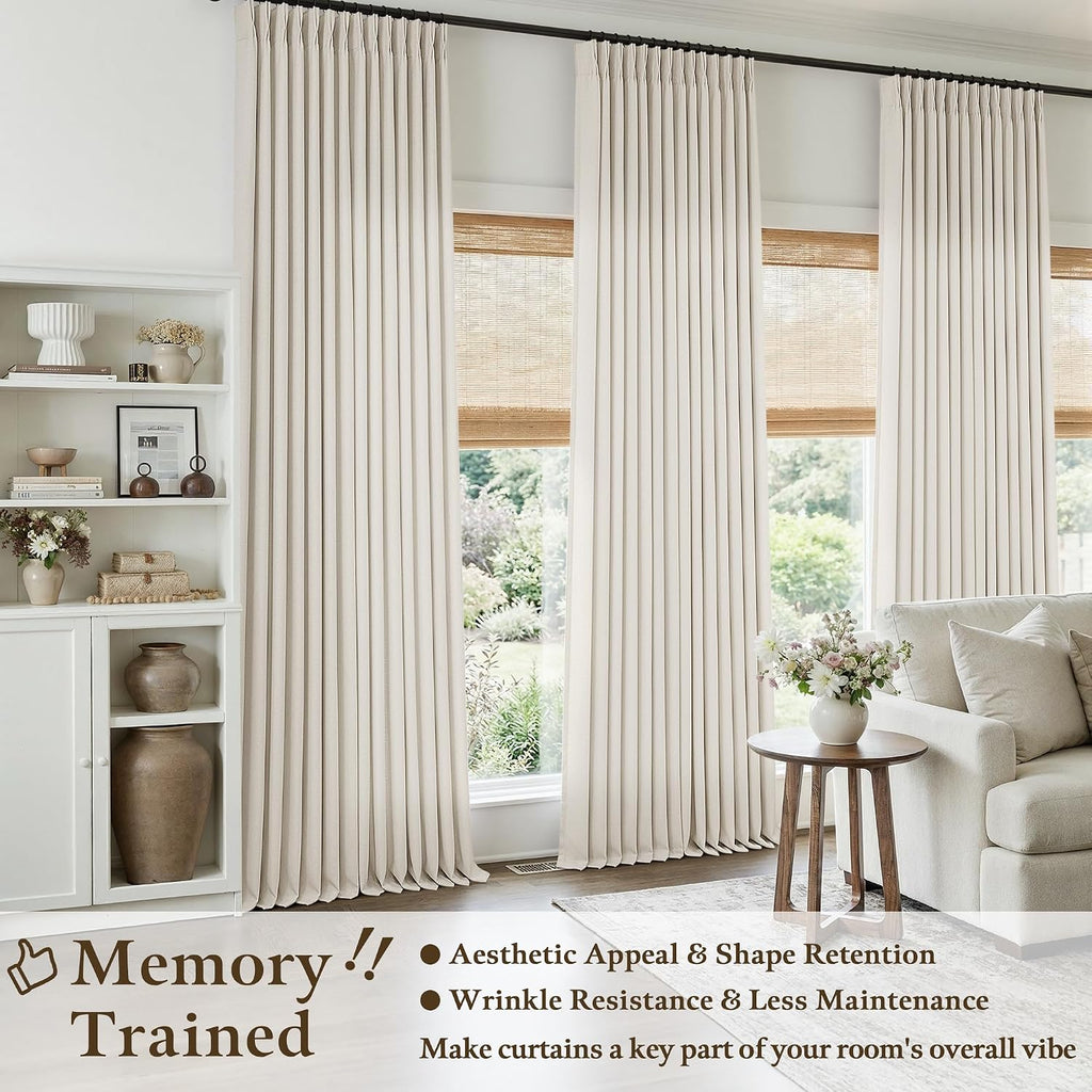 Natural 112 Inch Pinch Pleated Semi Sheer Curtains 2 Panels Set for Sliding Glass Doors, Memory Shape Pleat Thick