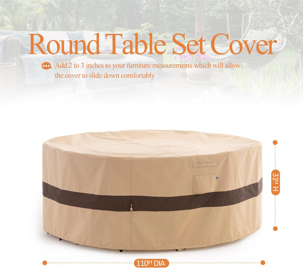 XL Round Patio Outdoor Furniture Cover, 110"D x 31"H, Beige & Coffee | Waterproof, UV Resistant, Anti-Fading