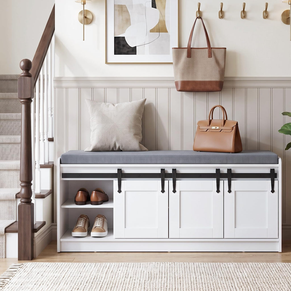 42" Farmhouse Entryway Shoe Storage Bench with Cushion, White, 2pc