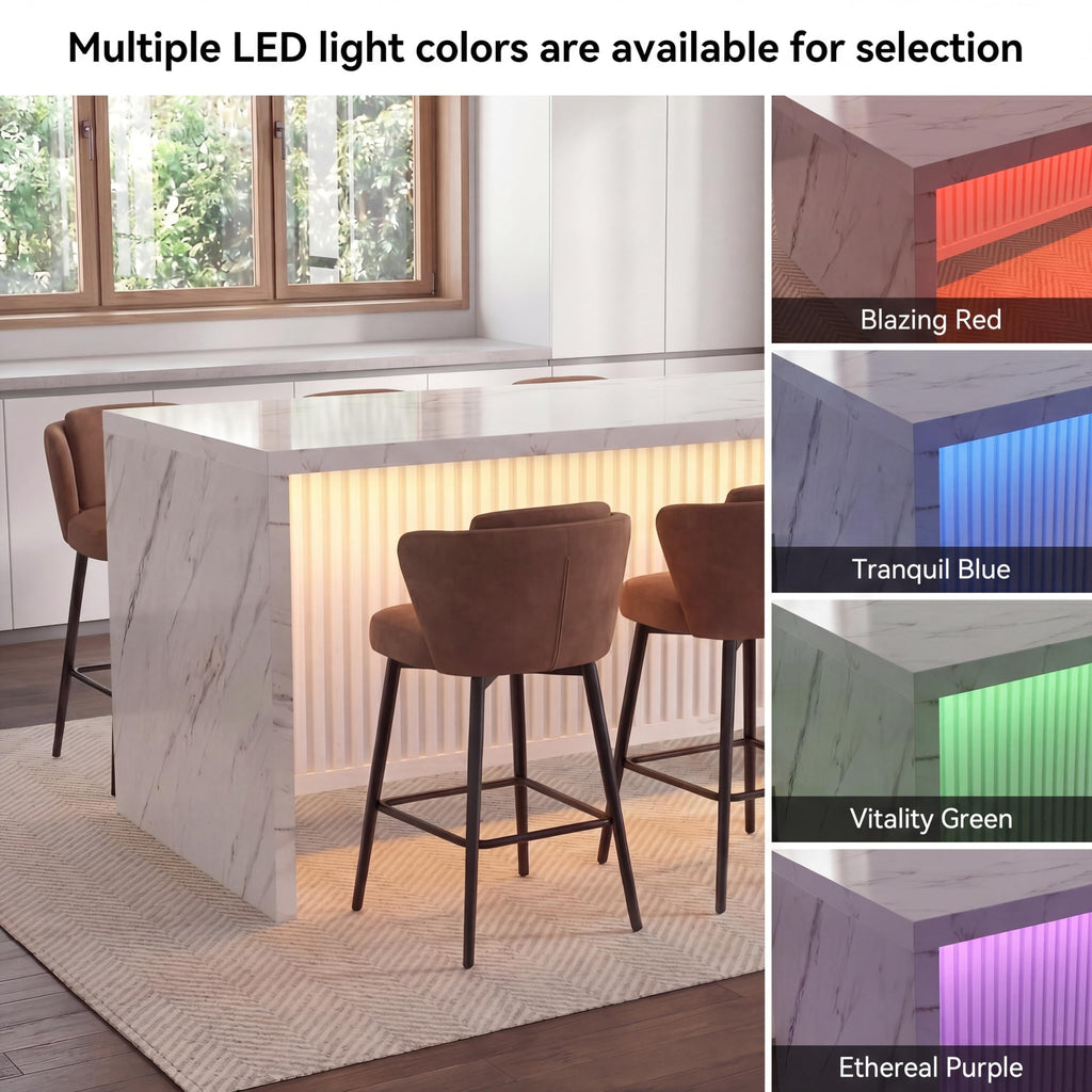 71'' Large Faux Marble Dining Table for 6 People, 37.4''H Tall Modern Kitchen Island with LED Lights, Rectangle
