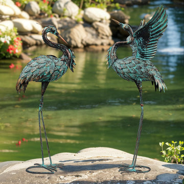 Large Garden Statues Set of 2, Metal Crane Sculptures, Bronze Heron Outdoor