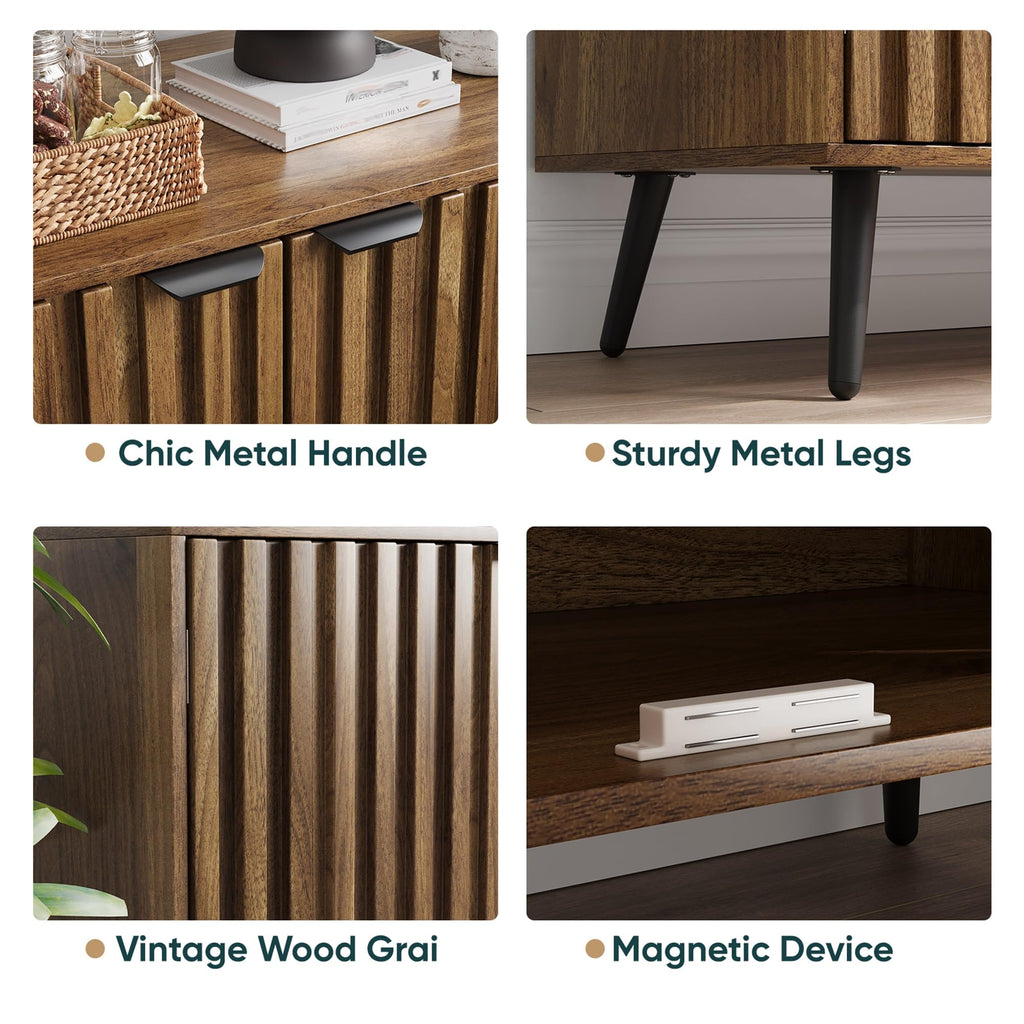 Walnut Buffet Cabinet with Storage, Large Sideboard Cabinet with 4 Fluted Doors and Metal Legs, Storage Cabinet with