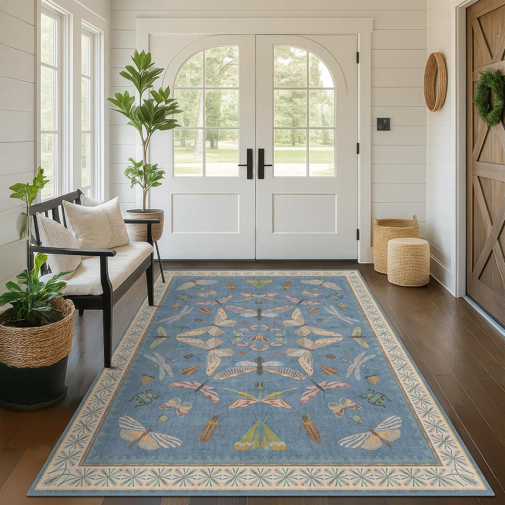 Blue Washable Kids Playroom Rug - 5x7 Area Rugs Baby Boy, Bedroom, Living Room, Toddler Boy Room Decor, Cute Animals