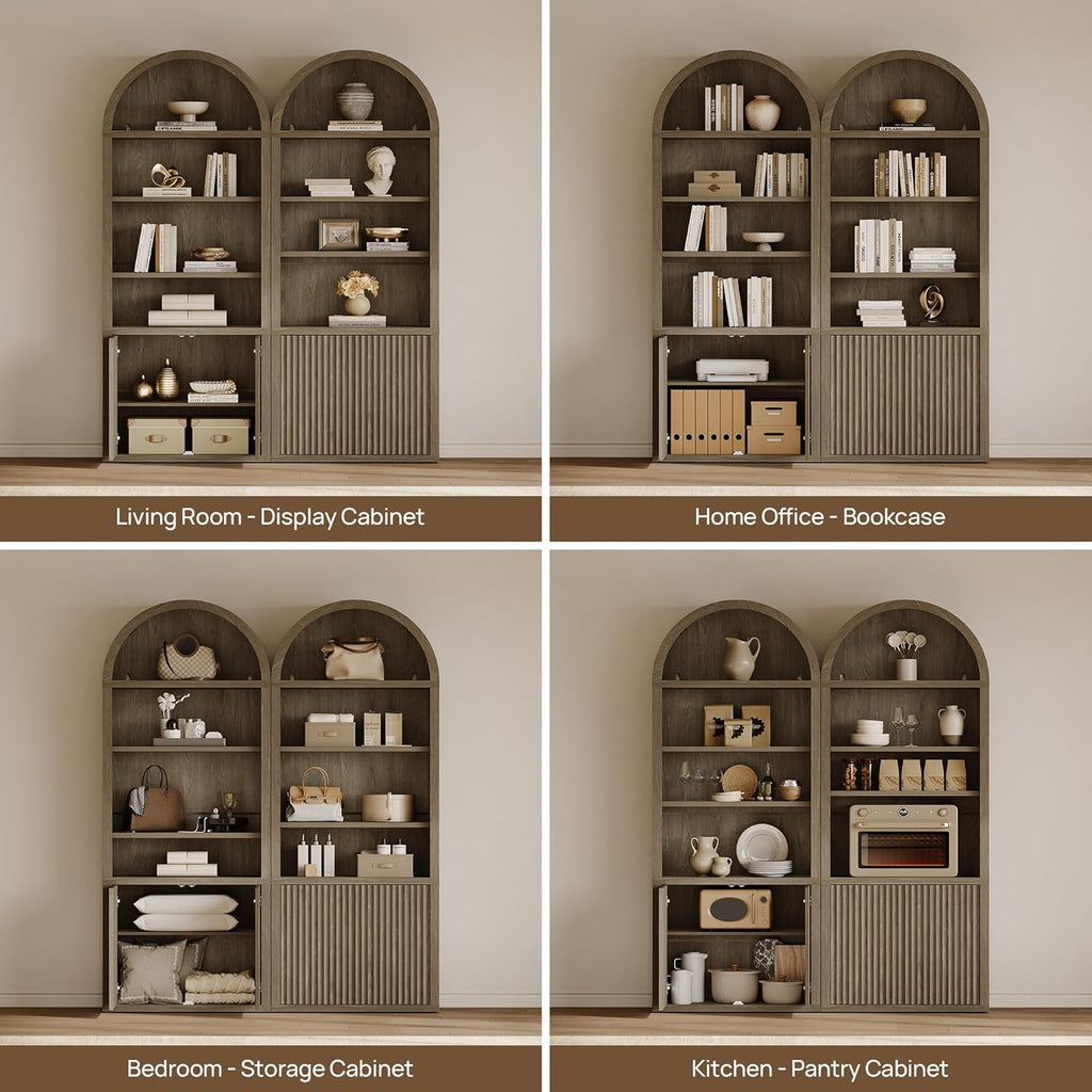 Book Shelf Arched Cabinet 82" Tall Bookcase with Doors 5 Tier Book Shelves with Storage Large Bookshelves Wide