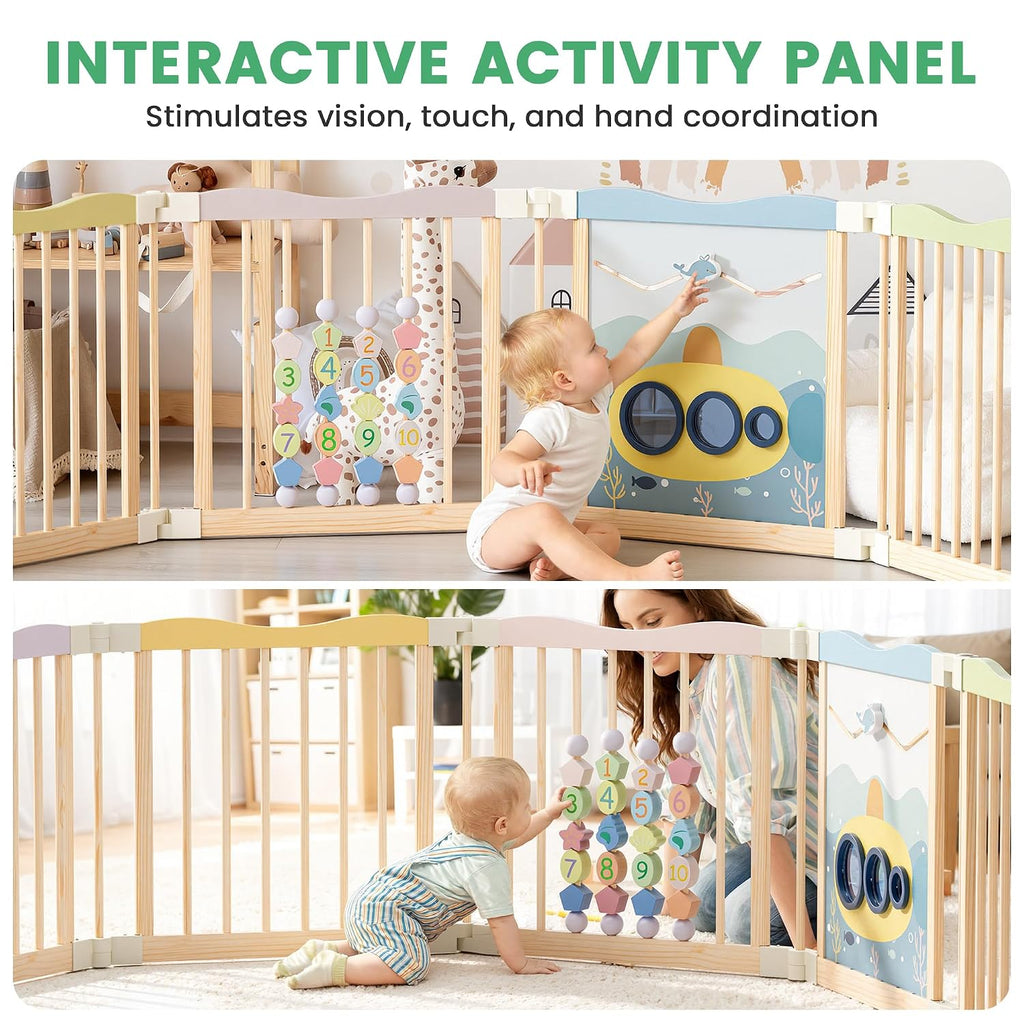 Foldable Wooden Playpen, 55 x 55 x 24 inches, Ocean Adventure, Colorful | Adjustable Wood Baby Play Yard with
