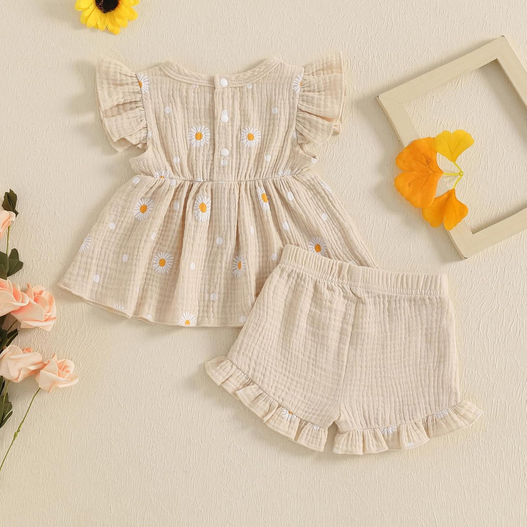 Infant Baby Girl Clothes Outfits Daisy Print Ruffle Sleeve Shirt Top Shorts