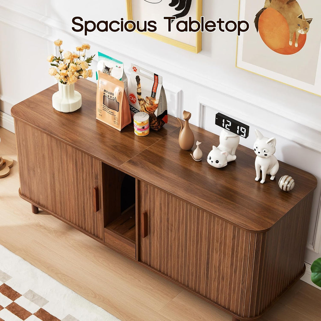 59" Wooden Hidden Double Cat Litter Box Enclosure Furniture