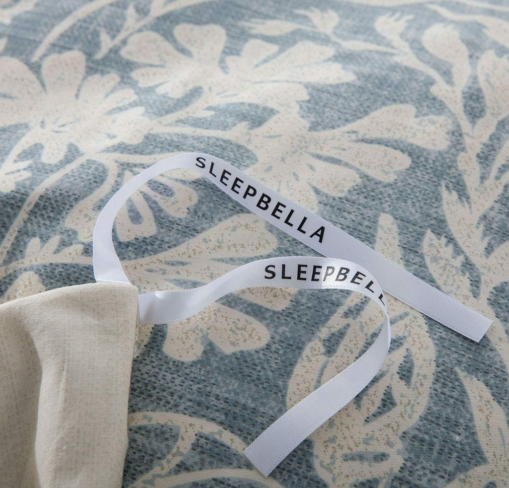 Duvet Cover King, 600 Thread Count Cotton Beige & Bluish Grey Printed with Luxurious Leaves Pattern Reversible