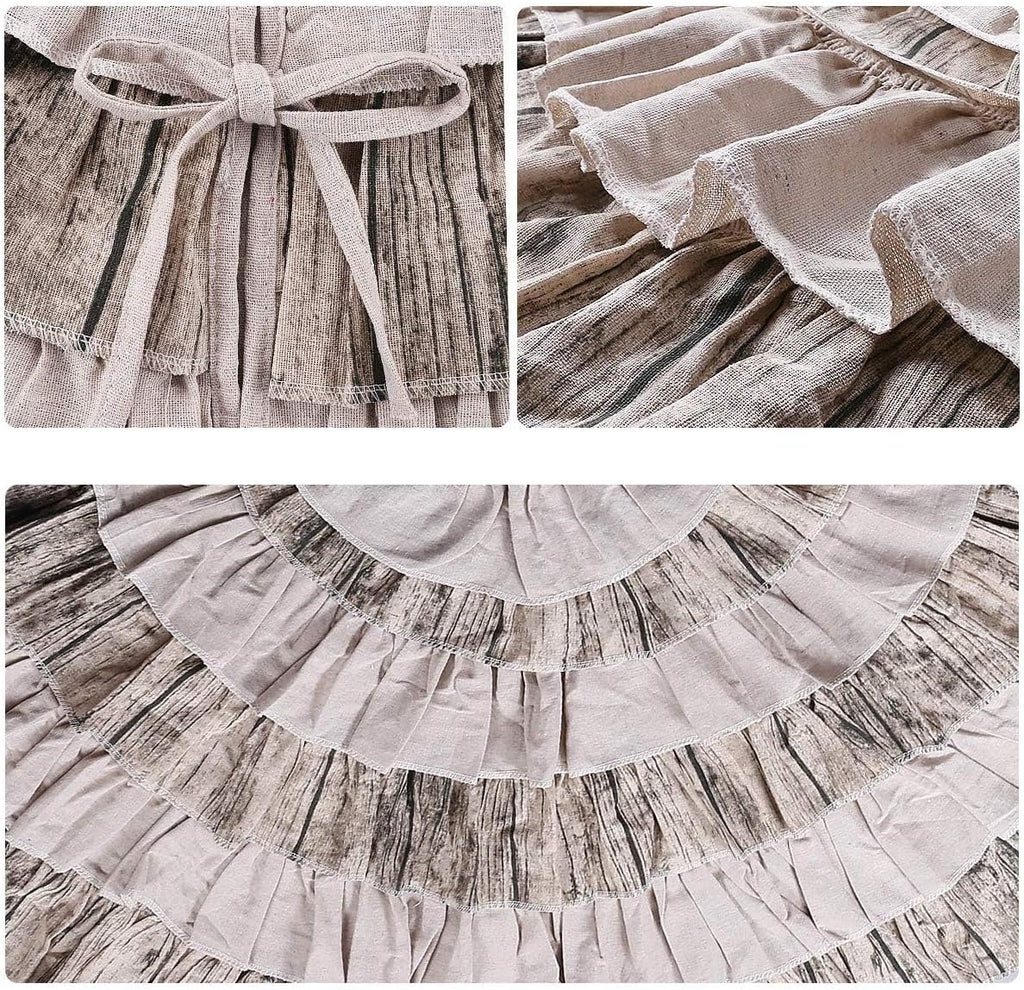 48 Inch Western Farmhouse Tree Skirt, 6-Layer Ruffled Wood Grain & Burlap Design, Rustic Country Cowboy Holiday