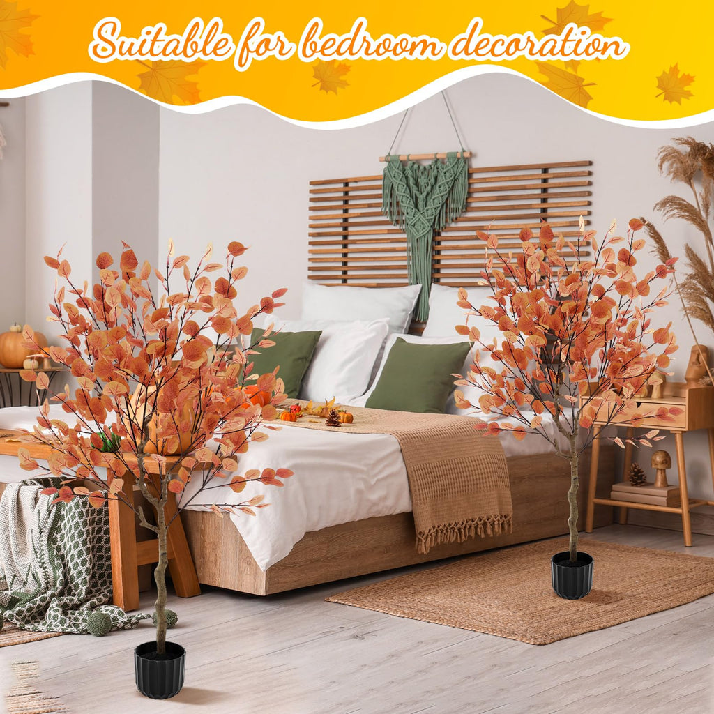 2 Pack 4 ft Artificial Eucalyptus Trees with Baskets, Orange