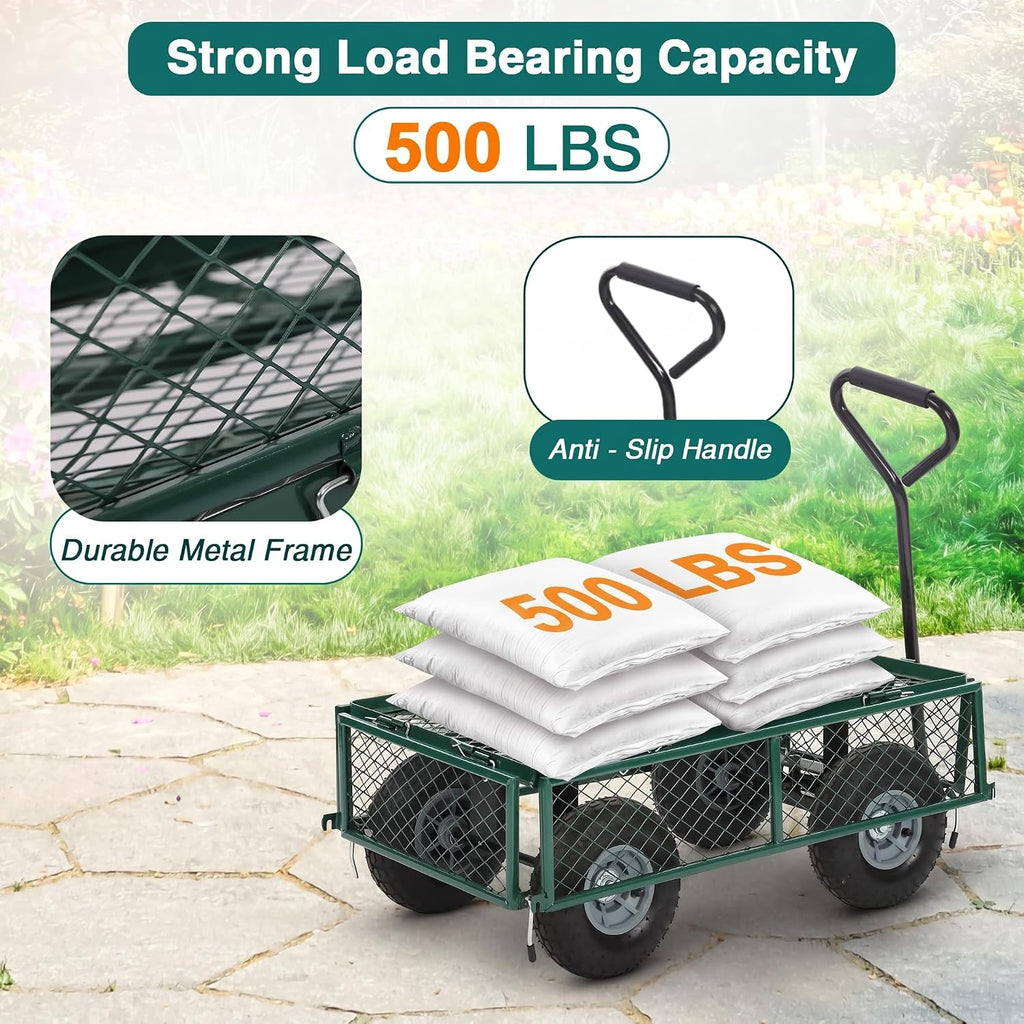 Heavy Duty Garden Cart with Wheels | Green | 500lbs Capacity | Corrosion Resistant Utility Cart with Adjustable Side