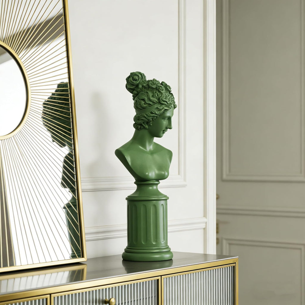 Green Female Bust Statue, Modern Classical Home Decor, 12.5'' Tall | Decorative Women Sculpture, Home Accent Décor