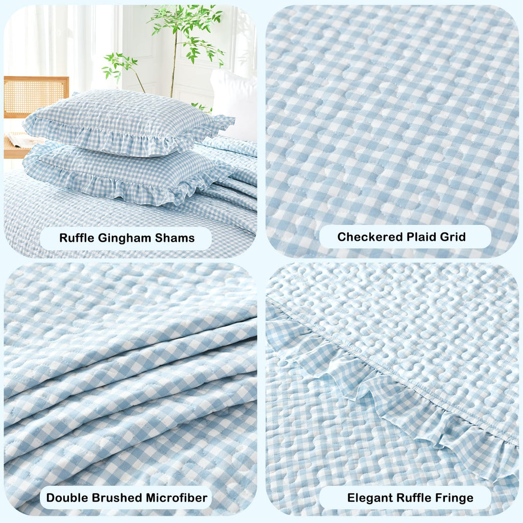 Gingham Quilt Set Light Blue Ruffled Summer Bedspread