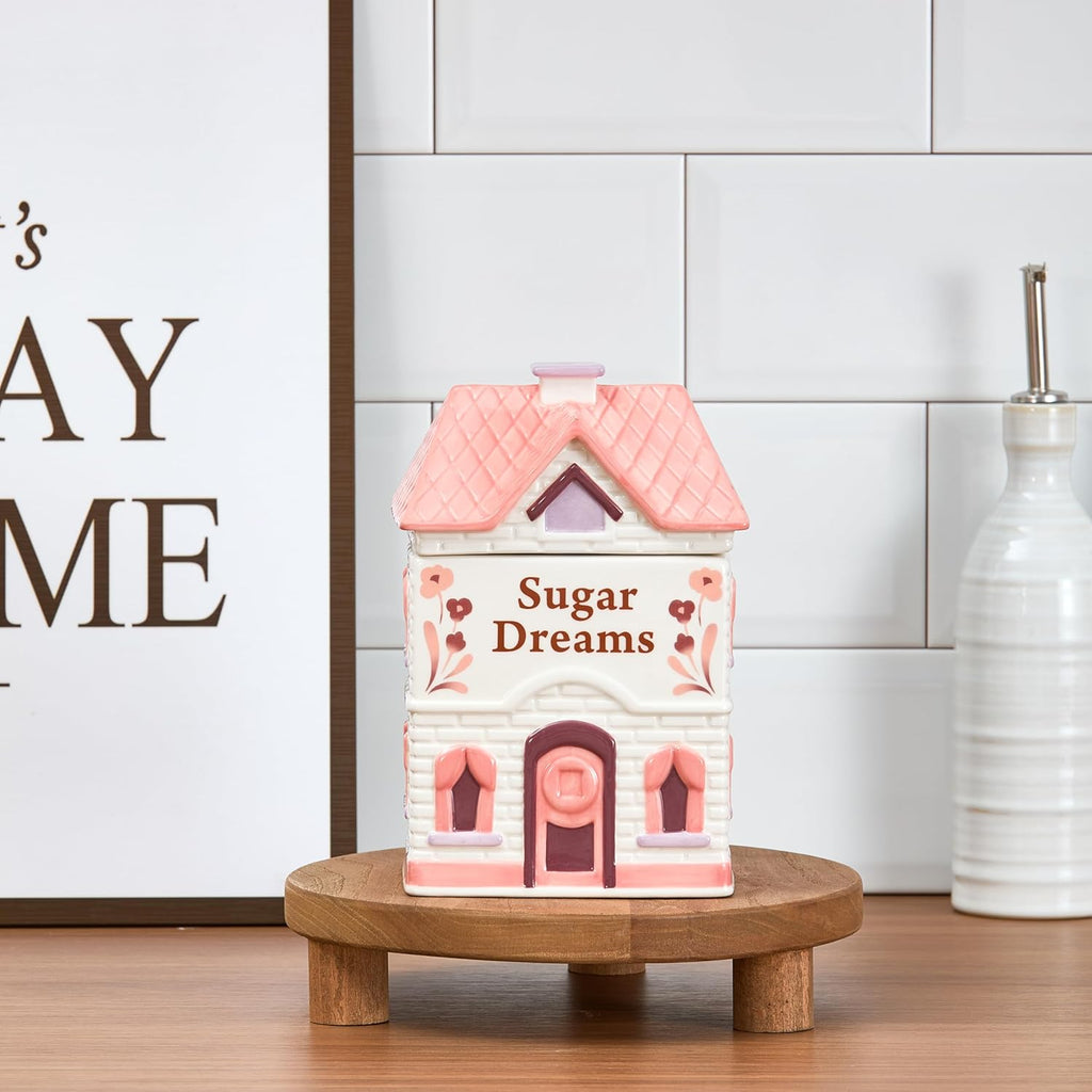 Spice Cottages 7.5-Inch Pink Ceramic Cookie Jar, Hand-Painted House-Shaped Airtight Container for Cookies, Treats &