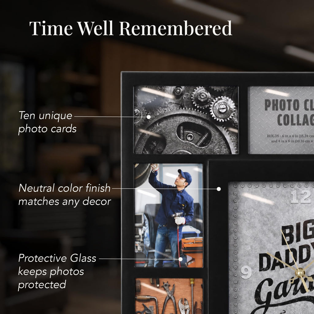Picture Frame Collage Clock - 10 Photo Display Slots - Big Daddy's Garage Wall Mounted Modern Wall Decor - Wall Clock