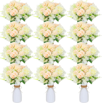 Set Artificial Hydrangea Peony Flowers with Vase, Champagne - Set of 12
