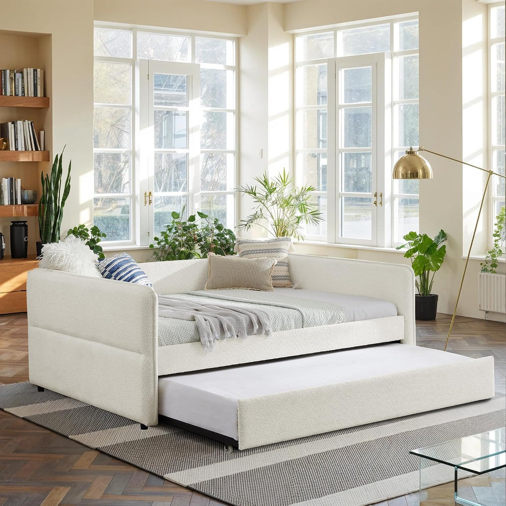 Full Size Daybed with Pop Up Trundle, Boucle Upholstered, Beige | Soft boucle daybed with twin pop-up trundle, padded
