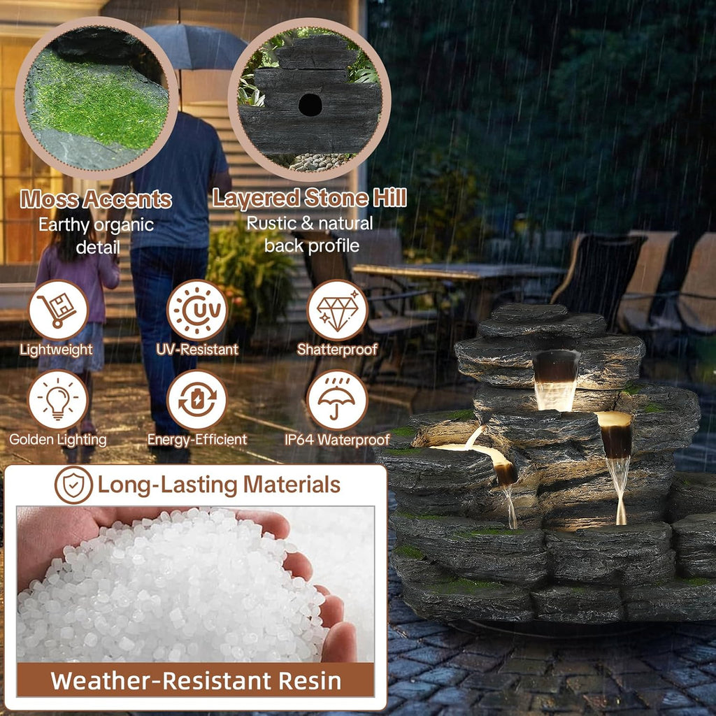 4-Tier Outdoor Water Fountain, 29.7" L Rustic Rock Waterfall Fountain with LED Lights