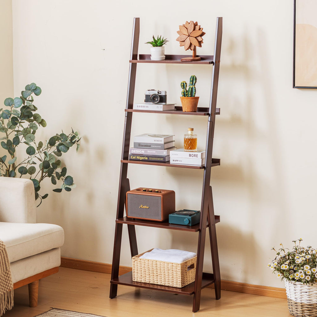 Bamboo Ladder Shelf Bookcase, 5-Tier Leaning Bookshelf Free Standing Organizer Storage Shelves, Balcony, Dark Walnut