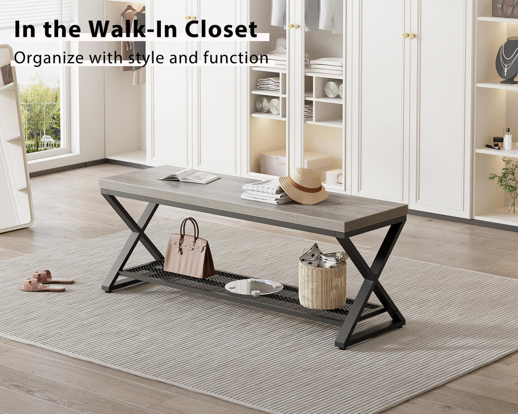 Grey Entryway Bench with Storage, 47" Indoor Shoe Bench with Seating, Modern Storage Benchs Foyer Entrance, Wood and