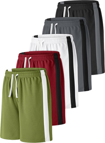 5 Pack Boys Shorts Kids Basketball Athletic Shorts Soccer Sports Mesh Quick Dry Active Gym Clothes with Drawstring