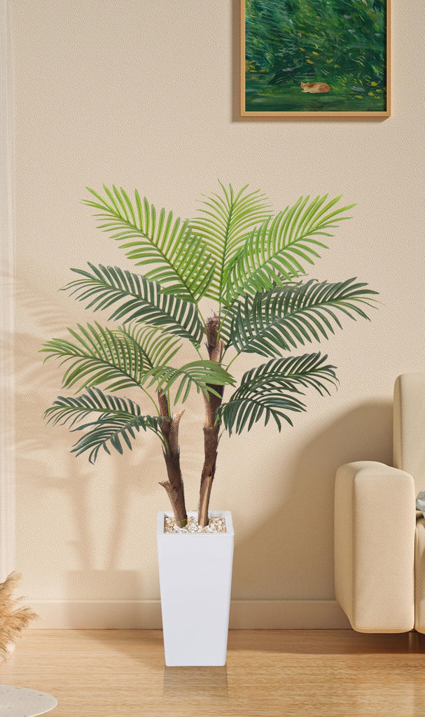 Artificial Palm Tree 5FT, Fake Tree with Realistic Fiber Trunks and White Tall Planter, Faux Tropical Areca Floor