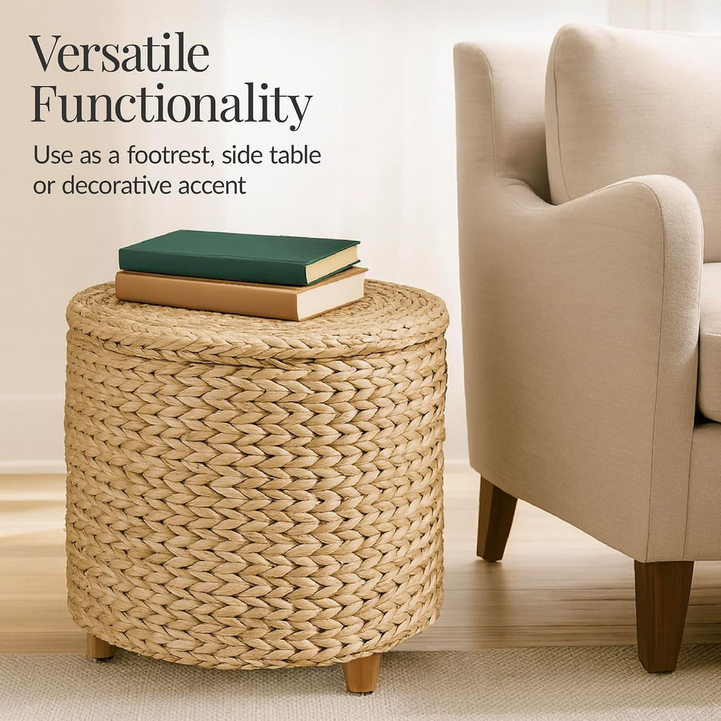 17" Round Storage Ottoman W/Lid, Handwoven Water Hyacinth Footstool, Footrest w/Wooden Legs, Accent Side Table