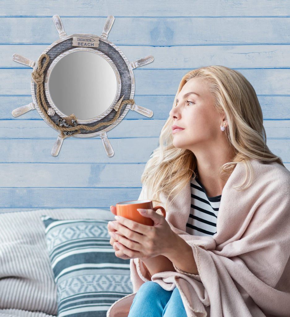 Silver Sea Beach Wall Decor Nautical Ship Wheel Mirror - Handcrafted Wooden Ship Wheel Mirror with Hanger, Nautical