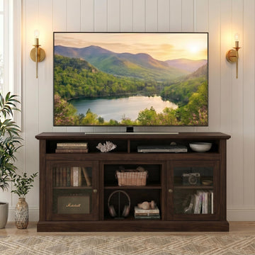 Traditional TV Stand with Glass Doors, 60''W Media Entertainment Center for TVs up to 65'', Entertainment Console
