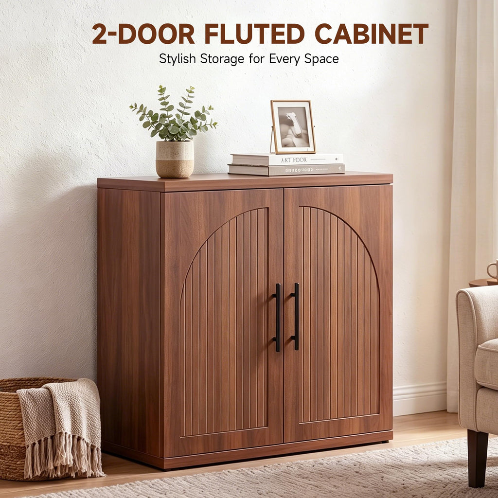 31.5" Fluted Walnut Buffet Cabinet Sideboard with Storage, Small Sideboard Cabinet with 2 Doors, Wood Mid Century