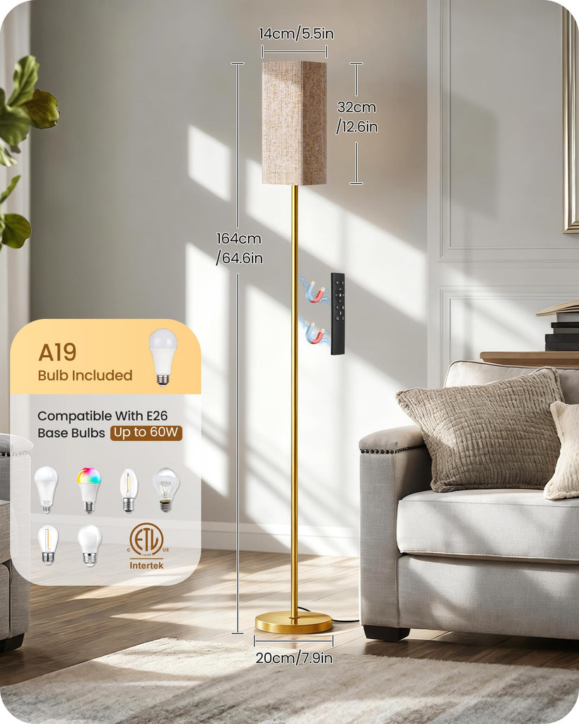 64.2" Dimmable Floor Lamp with Remote and Foot Switch, Corner Floor Lamp, Includes 10W A19 Bulb, Modern Standing