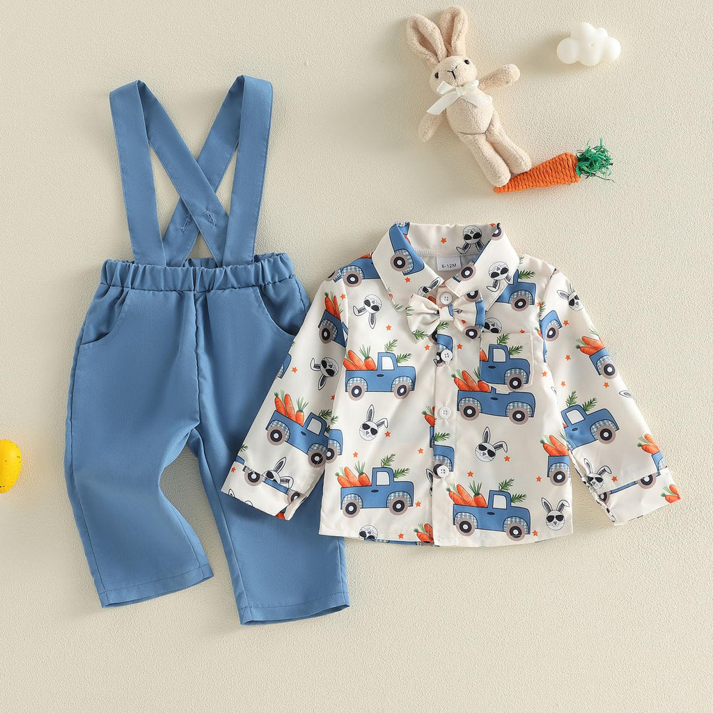 Toddler Boy Easter Outfit Truck Bunny Carrot Gentleman Shirt Overalls Pants Set Baby Boys Spring Summer Clothes (C