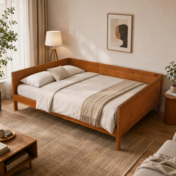 Full Size Mid-Century Modern Wood Daybed with Slat Support, Light Walnut
