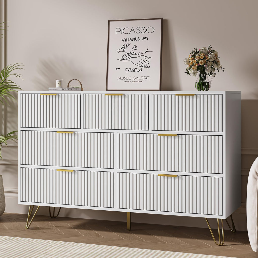 White 7 Drawer, Fluted with Gold metal Handles