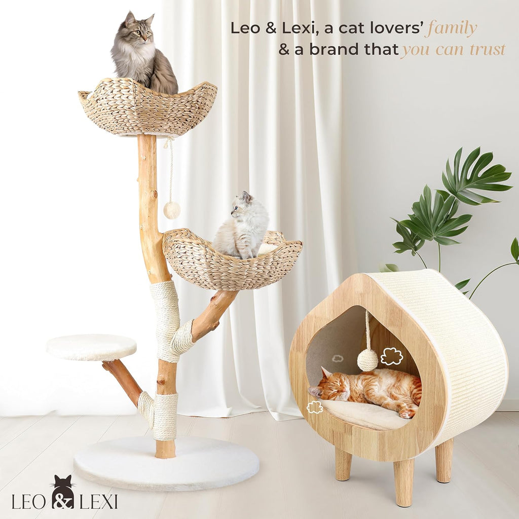 Aesthetic, Real Wood Modern Cat Tree. 46 inches Tall, Sturdy, Solid Natural Wood Tower for Large Cats. Scratching
