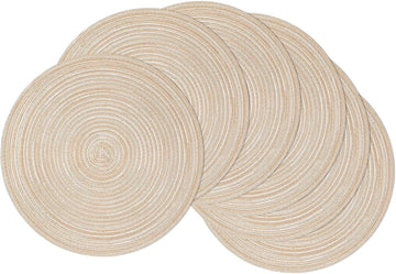 15 inch Round Placemats, Cotton Polyester Woven Braided Place Mats, Washable Heat Resistant Circle Table - Set of 6