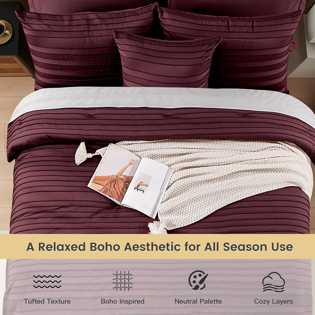 Tufted Boho Comforter Set Full, 8 Pieces Ultra Soft Brushed Microfiber All-in-One Bedding, Lightweight All Season