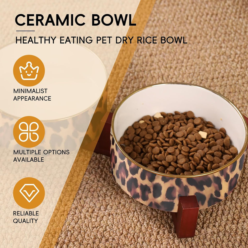 Ceramic Dog Bowl with Wood Stand, 4 Cups Dog Food and Water Bowl Set