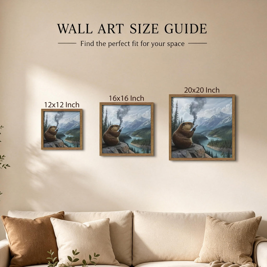 Framed Funny Smoking Beaver Canvas Wall Art, Surreal Mountain River Animal Poster Print Picture, Whimsical Wilderness