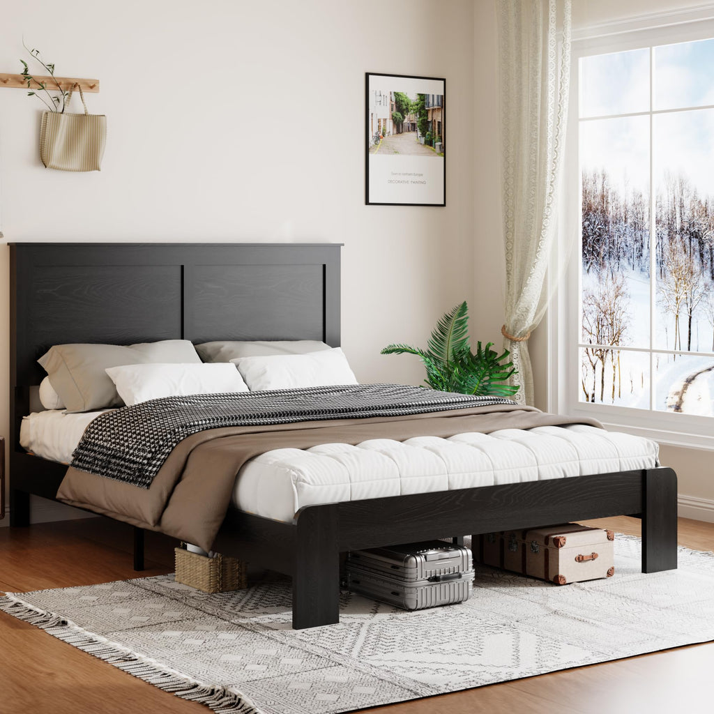 Wooden Bed Frame with Headboard, Farmhouse Platform Bed