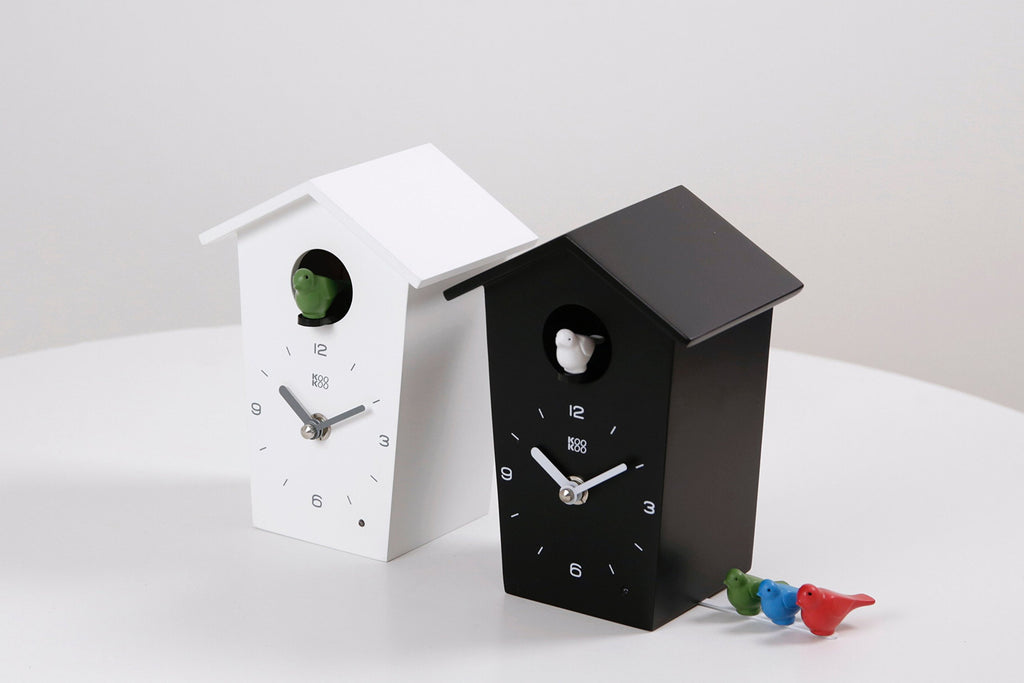 Birdhouse Mini Black, Tiny Modern Cuckoo Clock with 12 Natural Bird Songs or Cuckoo Call