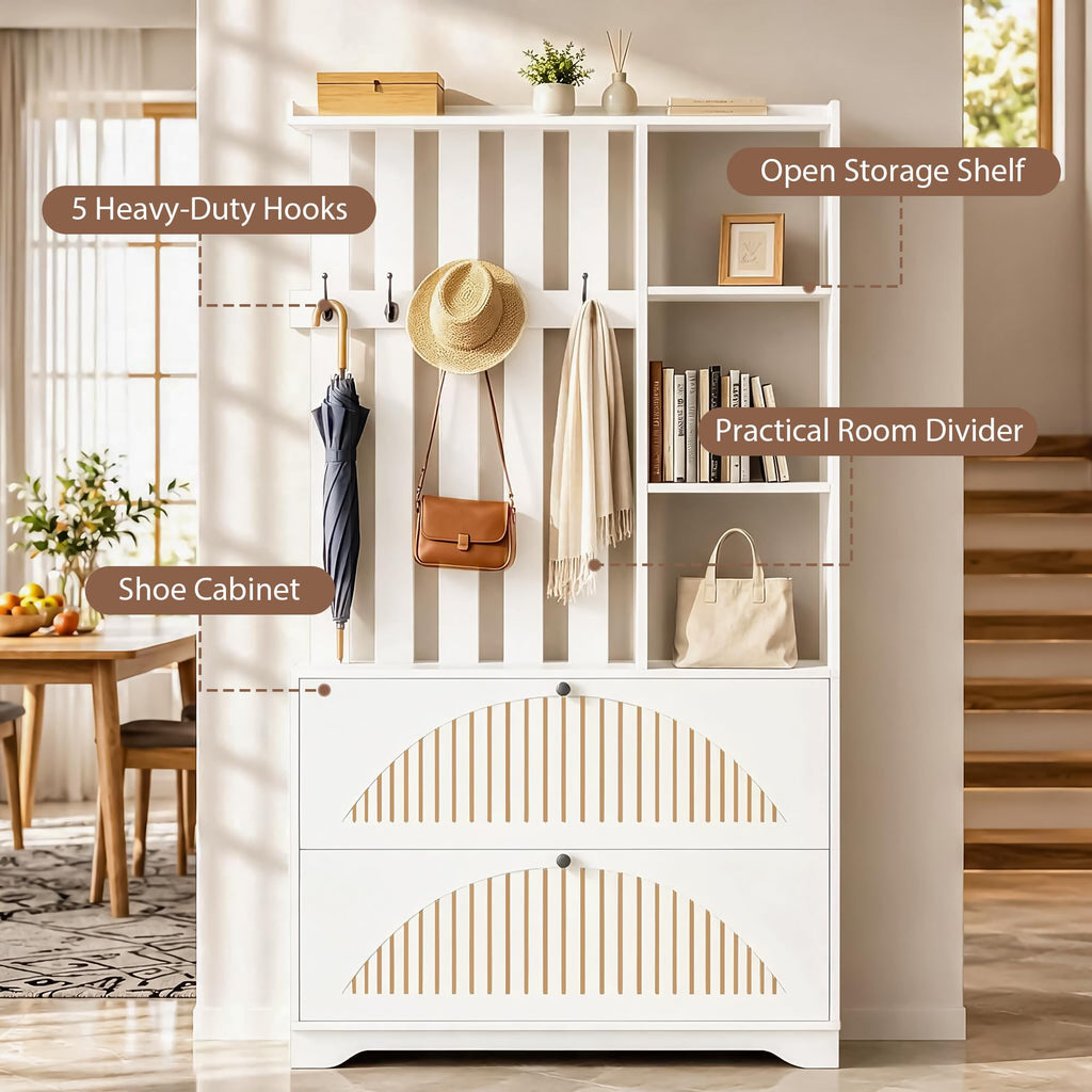 Room Divider with Shelves and Shoe Storage Cabinet, Wall Partition Divider